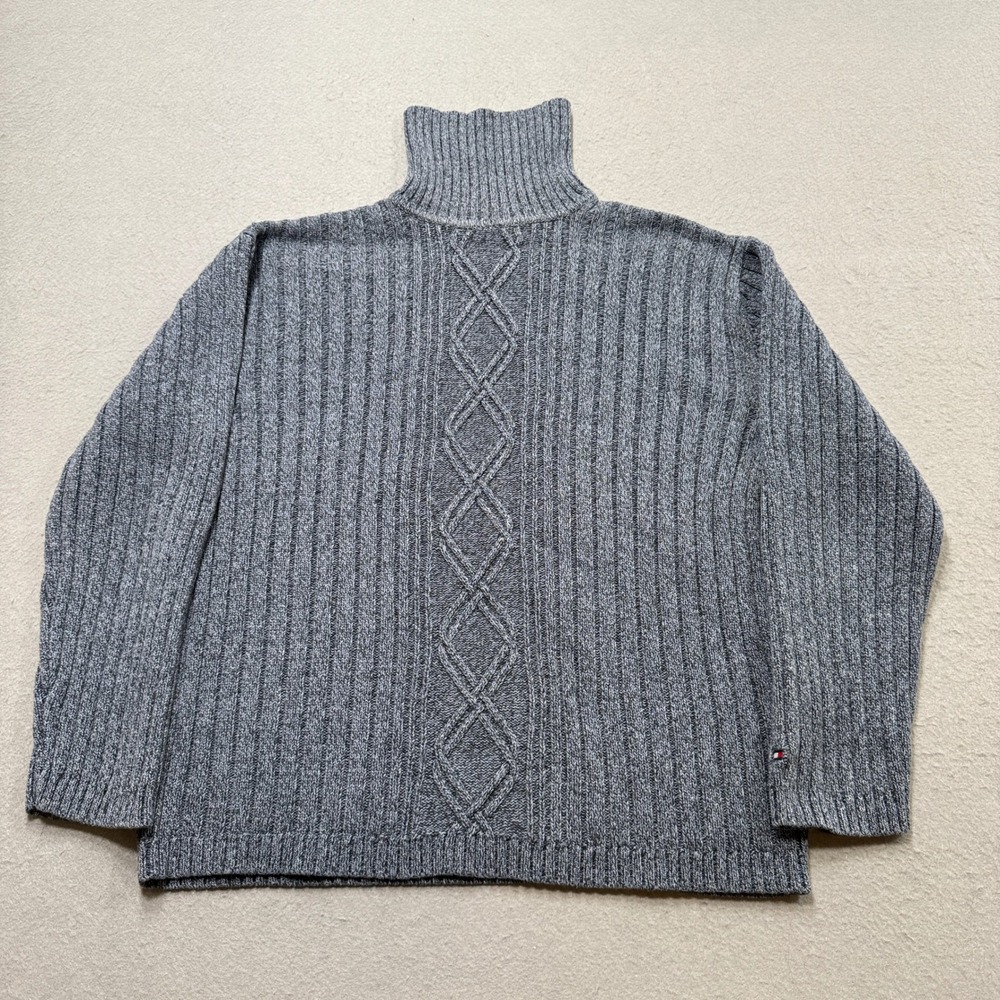 Y2K Tommy Hilfiger Sweater Men's XL Gray Cable Knit Ribbed Turtleneck Pullover